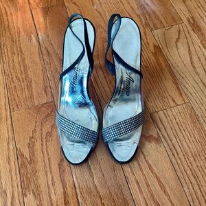 Amano Black Satin & Crystal Detailed Sandals with Stiletto Heel Narrow Width 10